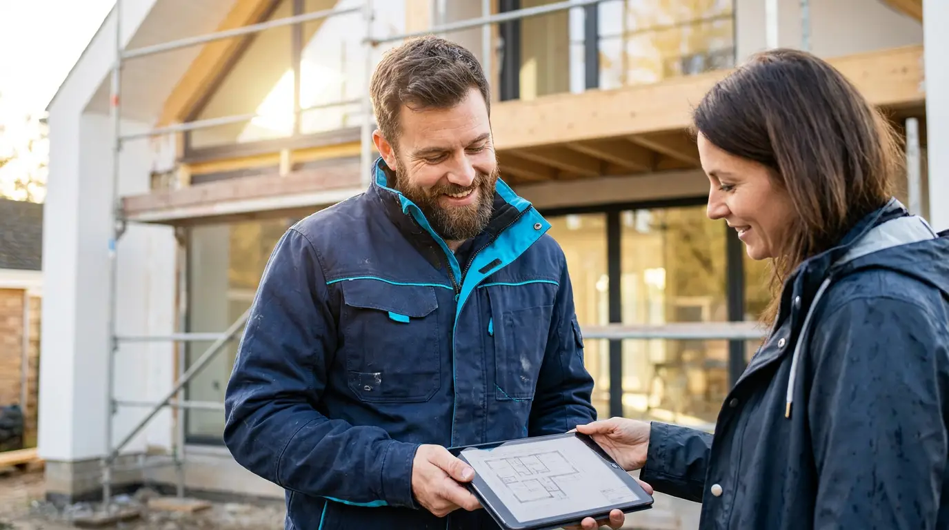 Handwerksbetrieb – Kundengespräch mit Bauplan auf der Baustelle