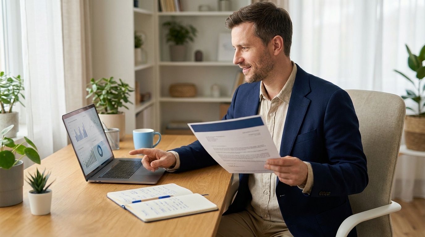 Gründer prüft nach einer AVGS-Ablehnung im Home-Office die nächsten Schritte für Widerspruch und Neuantrag
