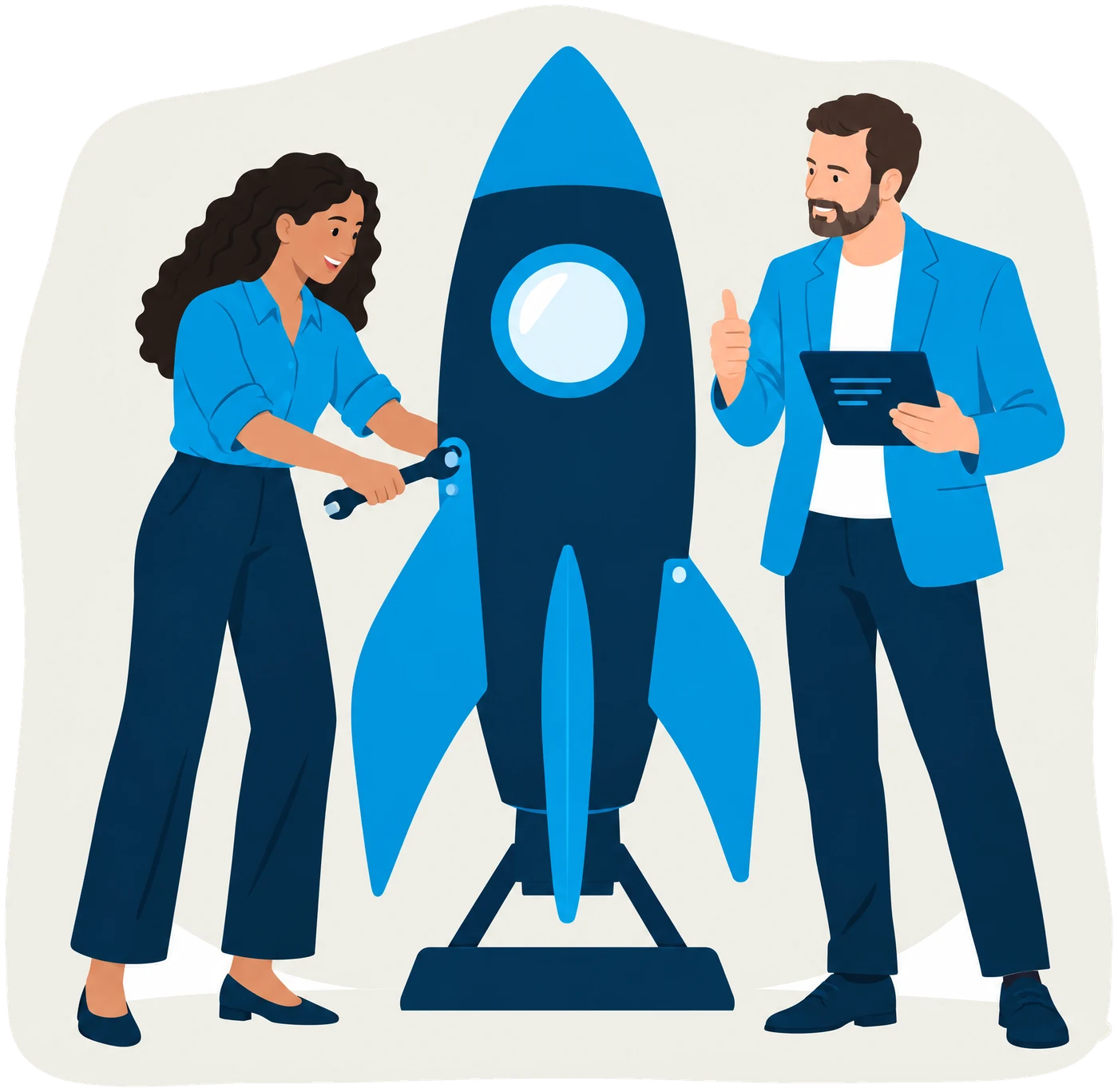 Illustration: Gründerin und Coach bauen gemeinsam an einer Rakete, Symbol für den Start ins eigene Business