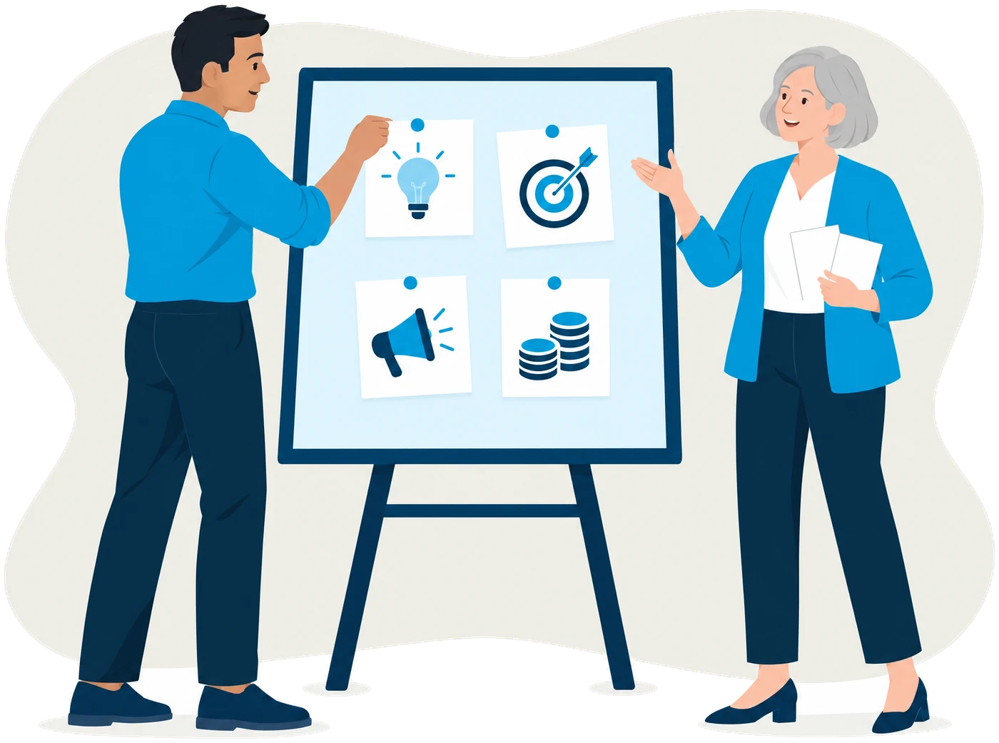 Illustration: Gründer und Coachin an einer Pinnwand mit Karten zu Idee, Ziel, Marketing und Finanzen
