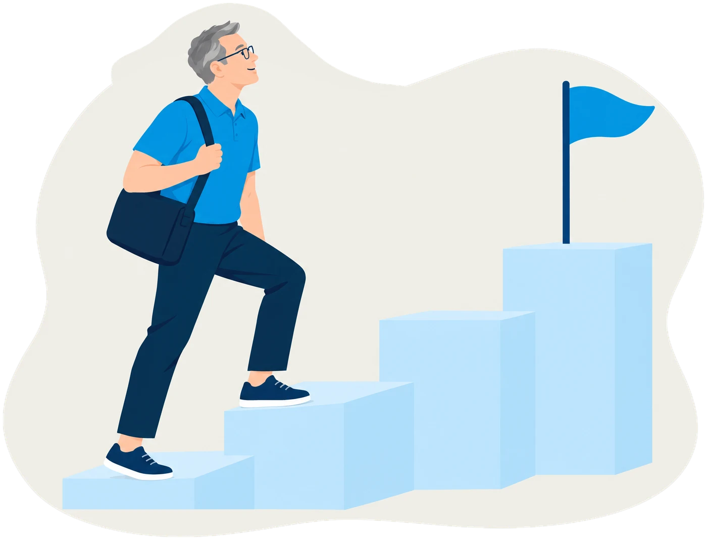 Illustration: Gründer steigt mit Laptoptasche Stufe für Stufe zu einer Fahne hinauf
