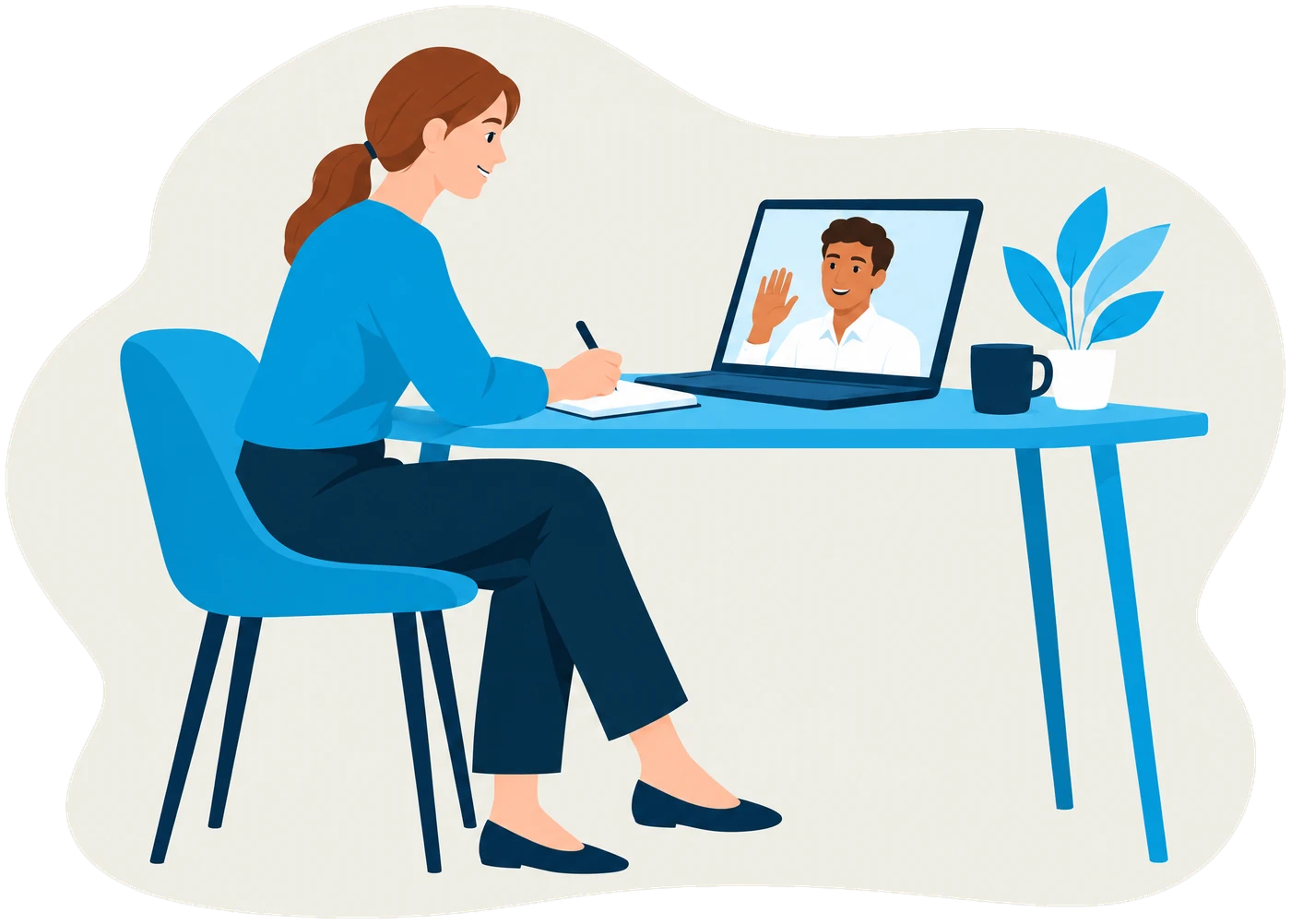 Illustration: Gründerin sitzt am Schreibtisch im Videocall mit ihrem Coach und macht sich Notizen