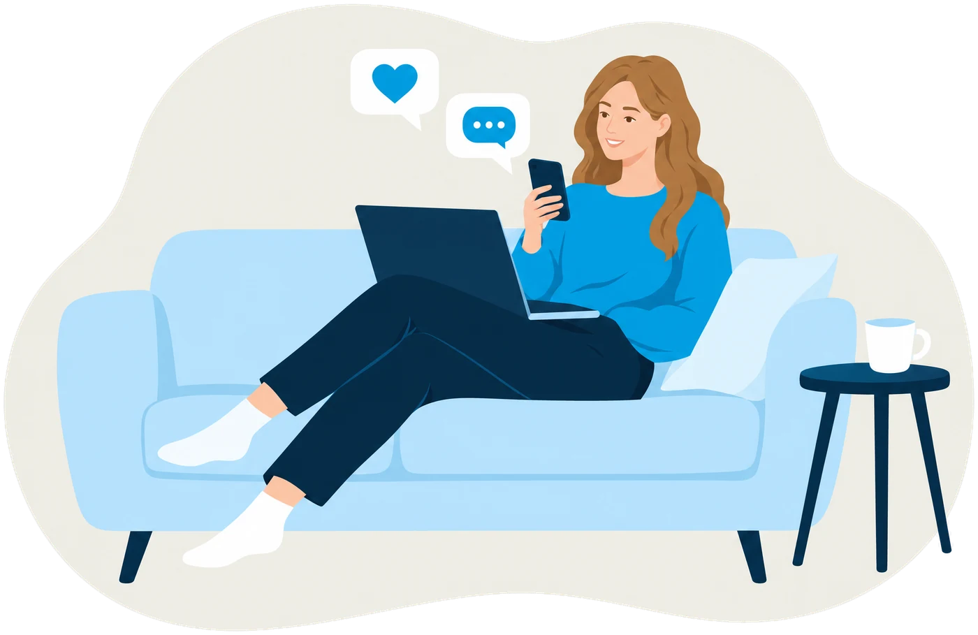 Illustration: Frau arbeitet entspannt auf dem Sofa mit Laptop und Smartphone, daneben ein Herz- und ein Chat-Symbol