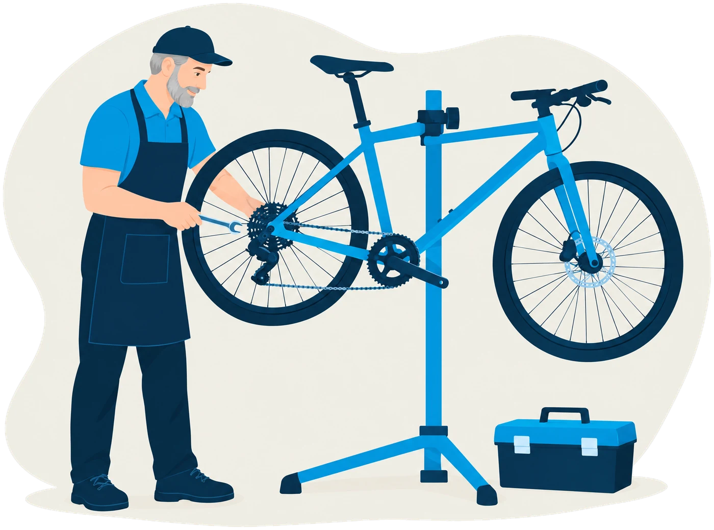 Illustration: Fahrradmechaniker mit Kappe und Schürze arbeitet an einem Rad im Montageständer