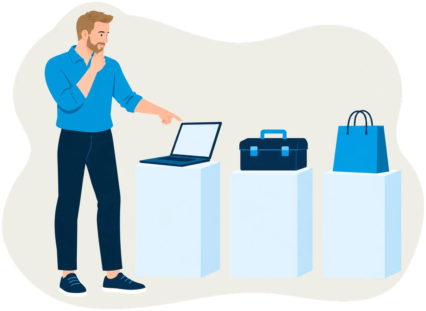Illustration: Gründer wählt zwischen Laptop, Werkzeugkoffer und Einkaufstasche auf drei Podesten