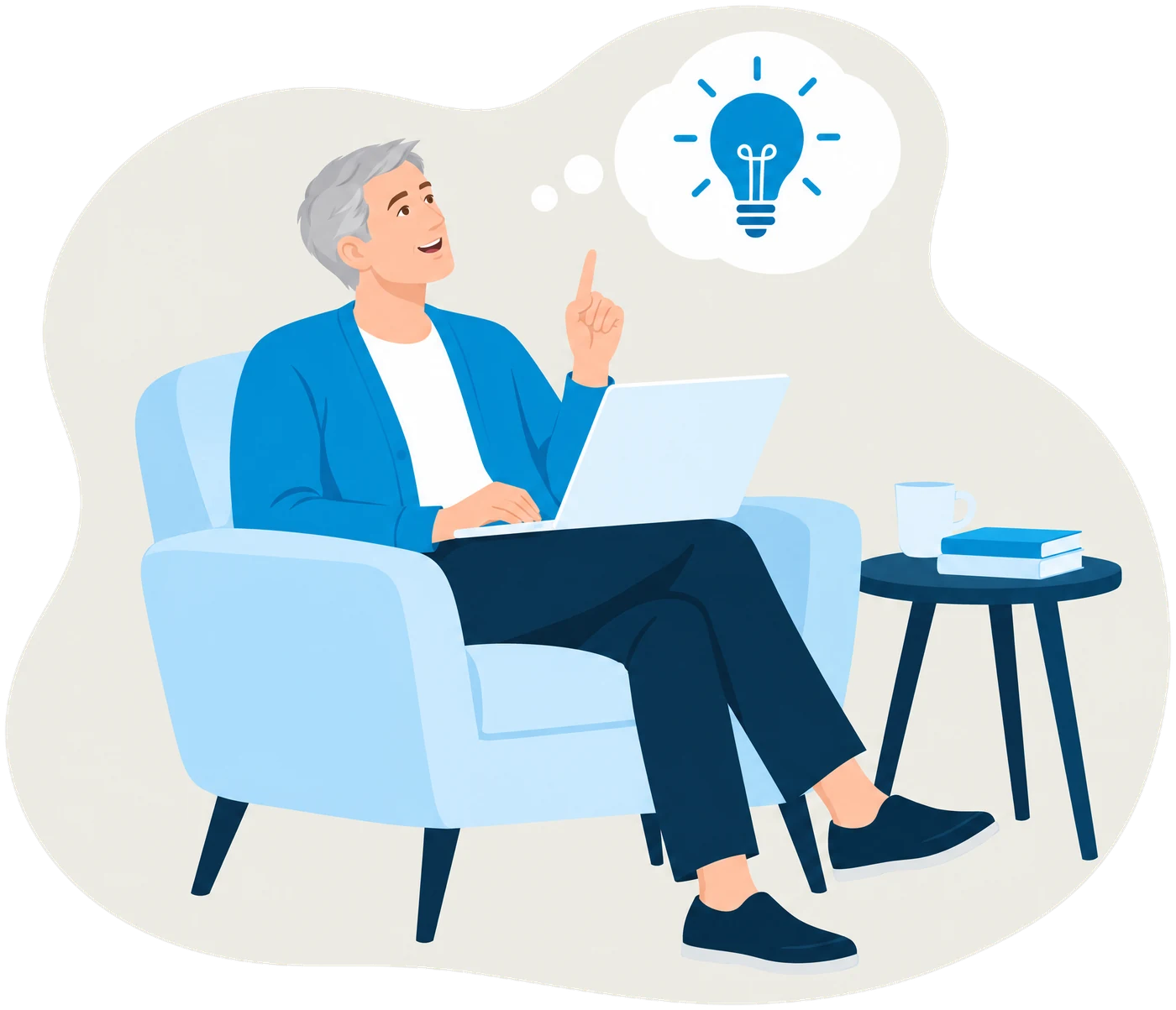 Illustration: Gründer sitzt mit Laptop im Sessel und hat eine Idee, über ihm eine Gedankenblase mit Glühbirne