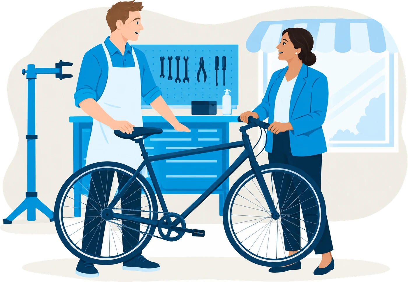 Inhaber einer Fahrradwerkstatt übergibt einer zufriedenen Stammkundin ihr repariertes Fahrrad, ein Bild für langfristige Selbstständigkeit