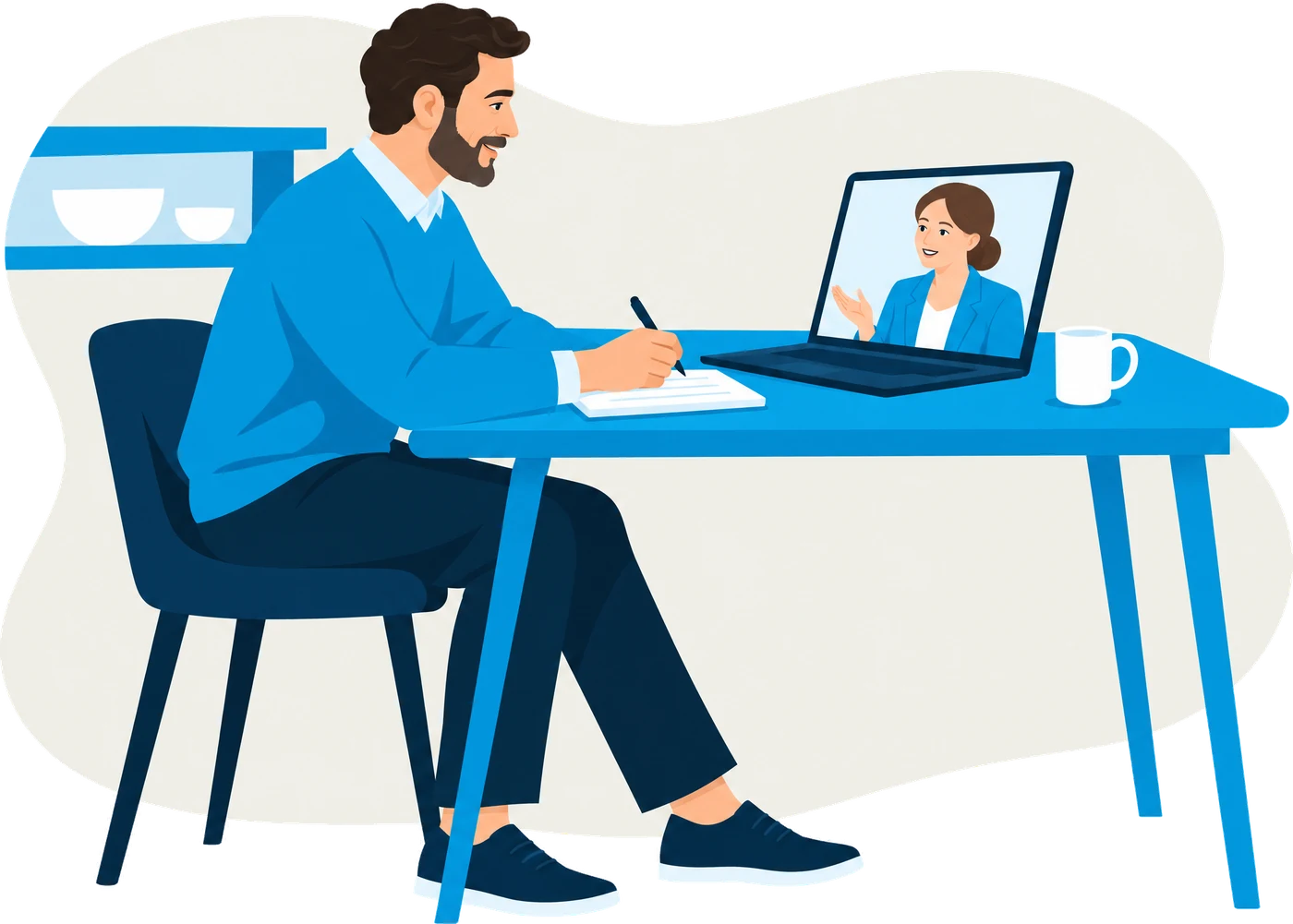 Gründer sitzt am Küchentisch und spricht per Videocall mit seiner Coachin im persönlichen 1:1 Online-Coaching