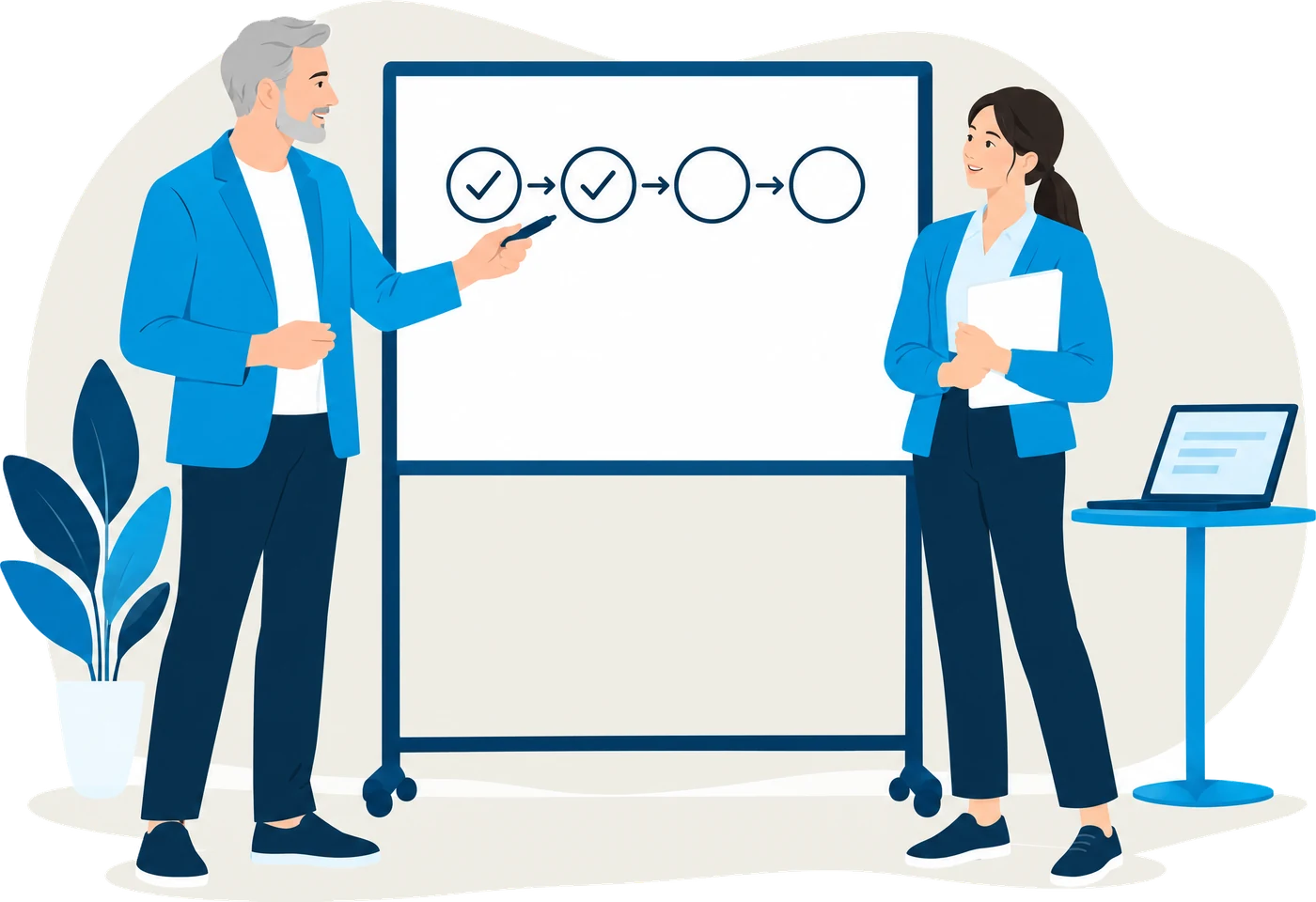 Coach und Gründerin stehen am Whiteboard und besprechen die einzelnen Schritte bis zum Antrag auf den Gründungszuschuss