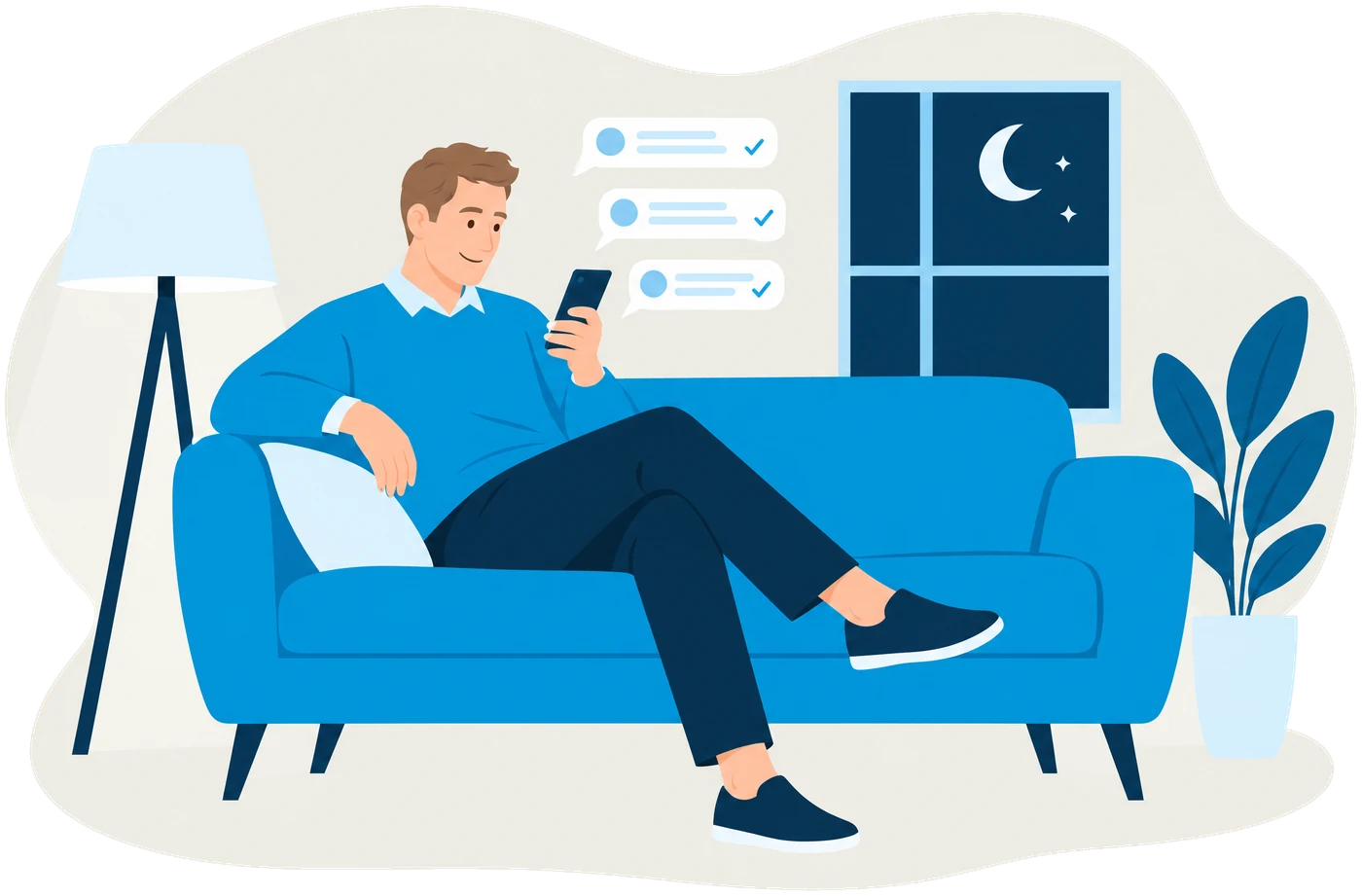 Gründer liest abends auf dem Sofa die Chat-Antwort seines Mentors