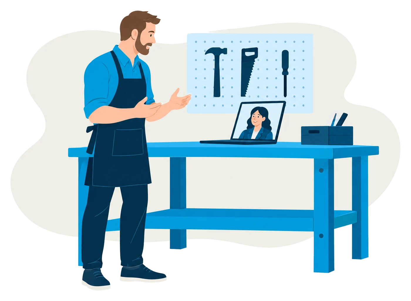 Handwerker im Online-Gründercoaching per Videocall in seiner Werkstatt