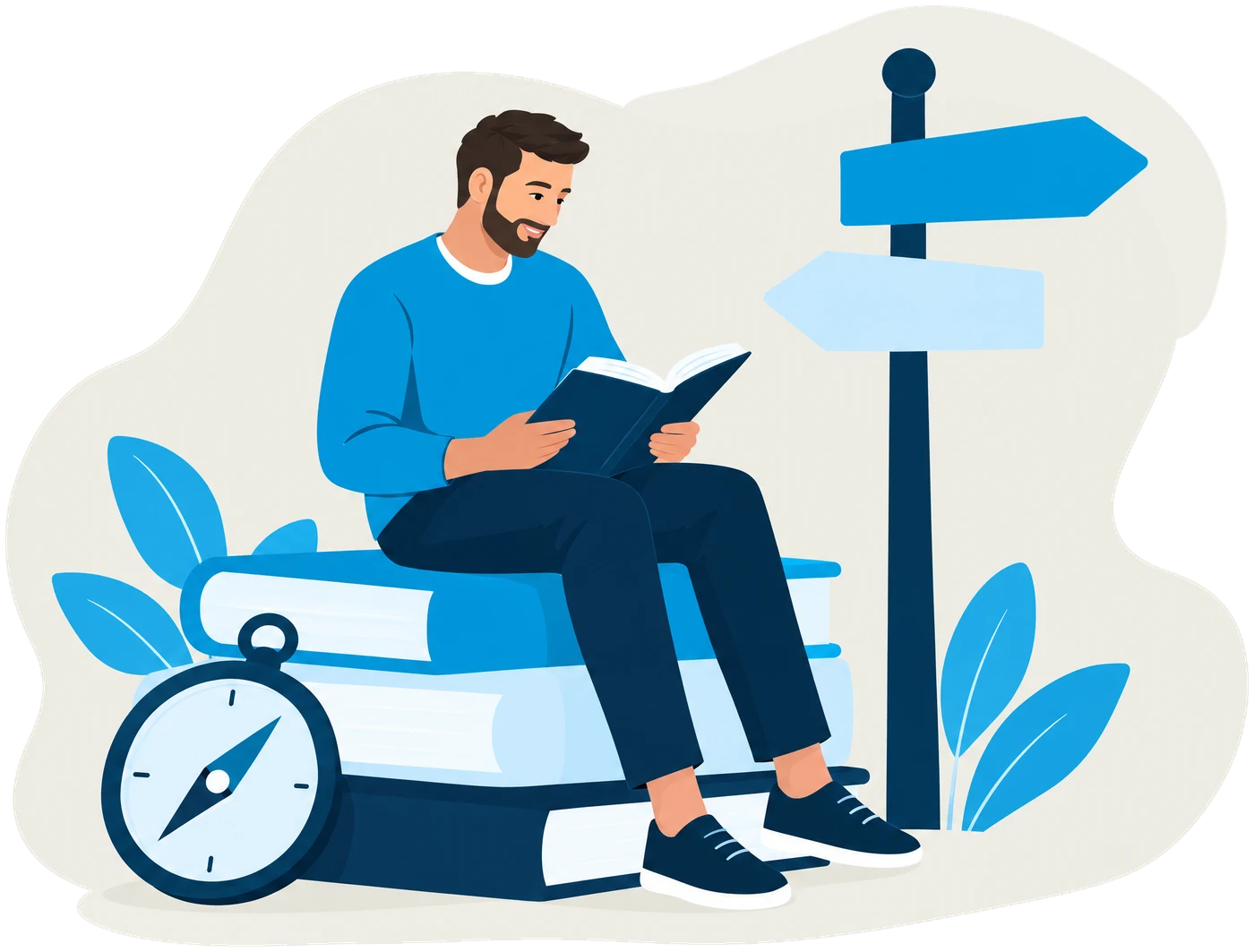 Illustration: Gründer sitzt auf einem Stapel Bücher und liest, daneben stehen Kompass und Wegweiser